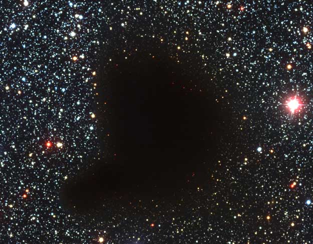 Figure 1: Molecular Cloud Barnard 68: A small molecular cloud, or Bok globule, of about 2 solar masses, at a distance of about 500 light-years, and about ½ light-year across, yet not a single star can be seen in it. That means there are no stars between the sun and the cloud. It absorbs all light from the background stars, hence is optically thick. (Illustrated on page 409 of Carroll & Ostlie, 2nd Edition) Credit: FORS Team, 8.2-meter VLT Antu, ESO