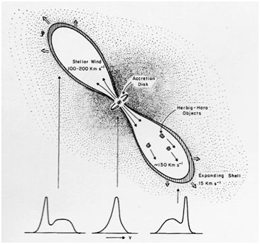 Figure 2: A model of a T Tauri star with an accretion disk. The Doppler effect seen in the emission line spectra are shown below consistent with one jet projected towards us and one away. The stellar wind is powered by the rotation of the system through the poles. From page 473 of Carroll & Ostlie (1st Ed.).