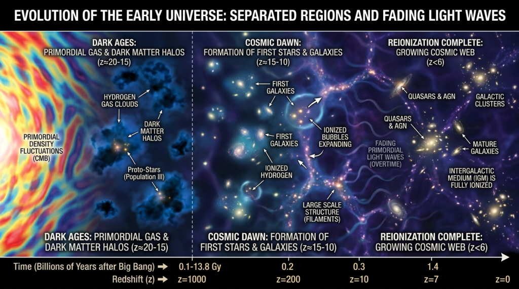 Diagram showing stages of early universe evolution including dark ages, cosmic dawn, and reionization complete with labeled features.
