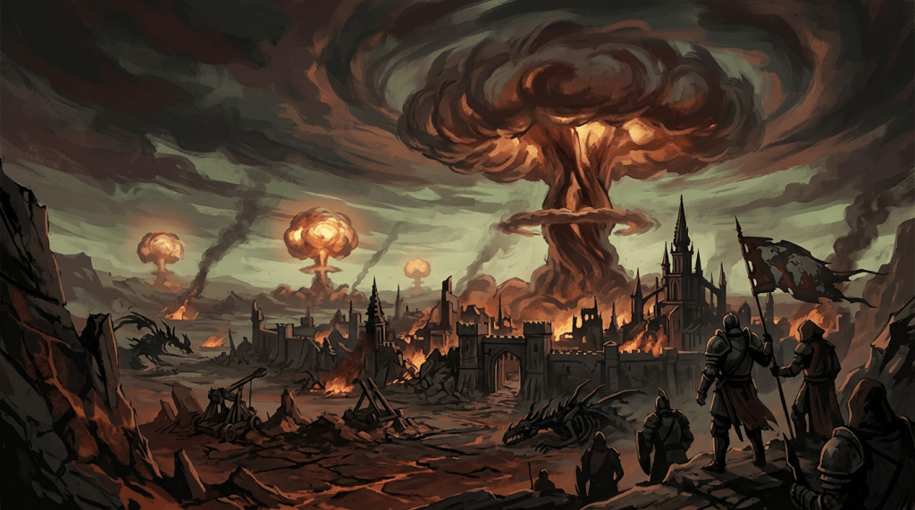 Medieval city burning with mushroom cloud explosions and armored figures watching