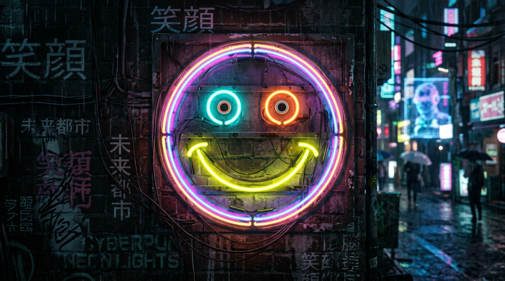 Neon smiley face sign with blue and orange eyes and a yellow smile on a brick wall