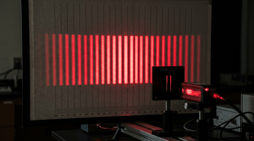 Red laser light interference pattern from double slit experiment