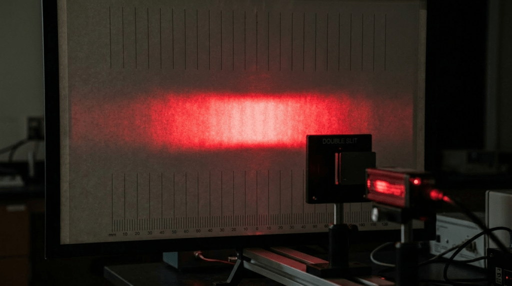 Red laser light interference pattern from double slit experiment