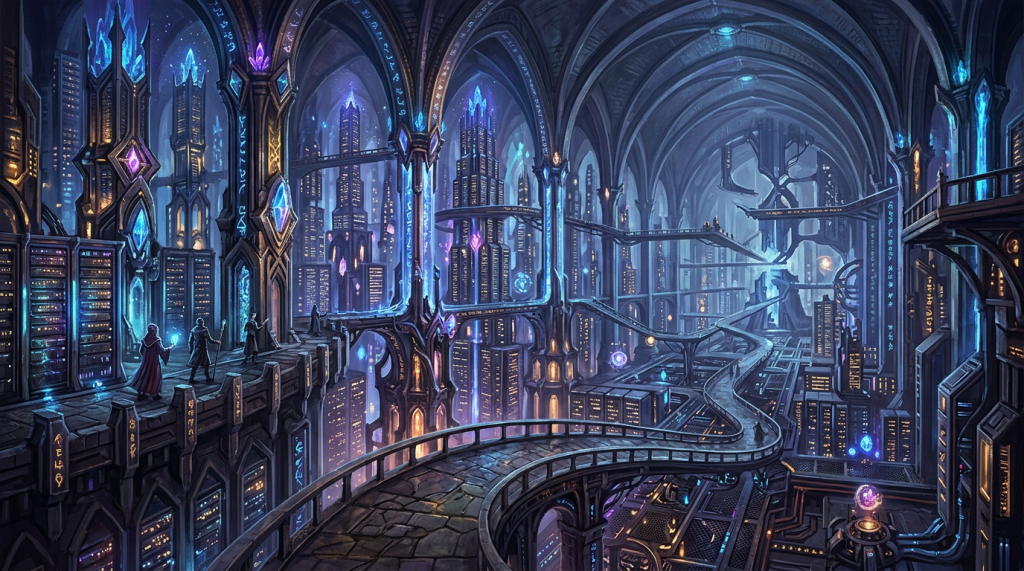 Large futuristic cathedral interior with glowing towers, walkways, and mystical symbols