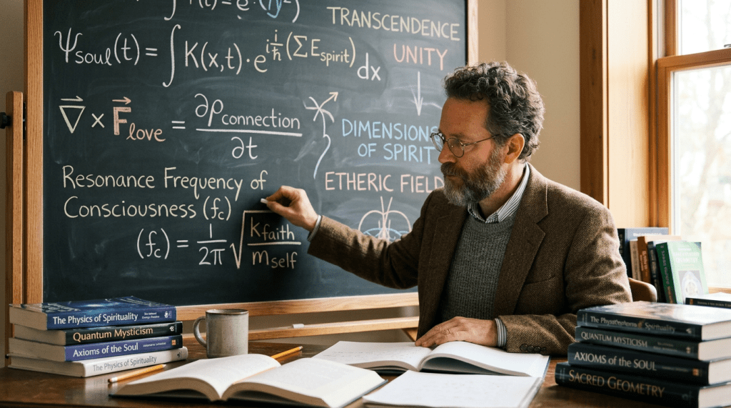 Man writing spiritual and physics related equations on a chalkboard with books about spirituality and mysticism nearby