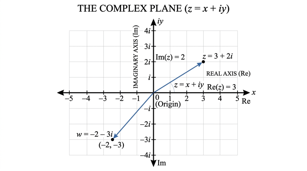 Complex plane graph showing points z = 3 + 2i and w = -2 - 3i with labeled real and imaginary axes.