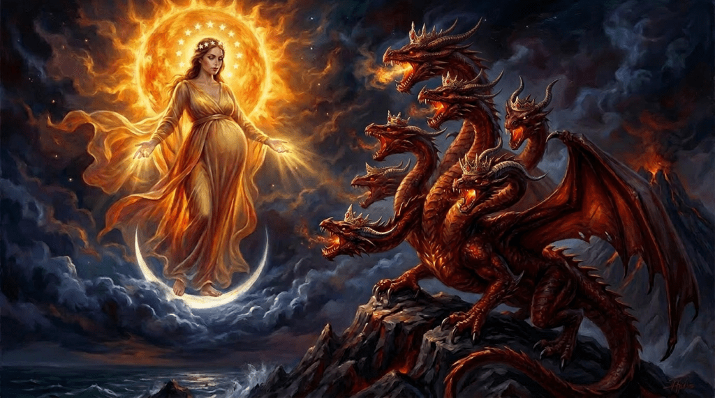 A glowing woman in golden robes hovers on a crescent moon opposite a six-headed red dragon on rocky terrain