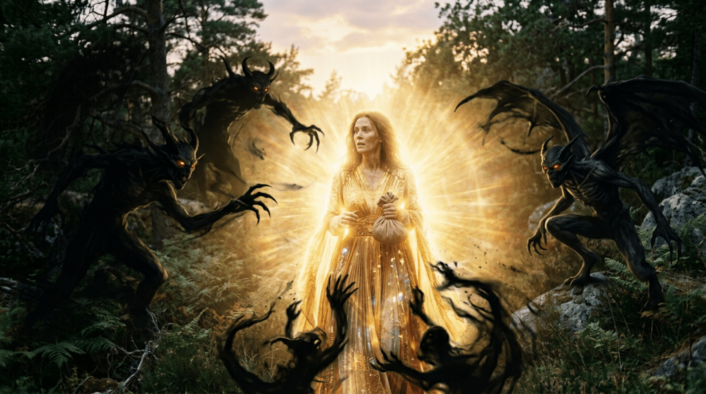 Woman walking along forest path at sunset holding a small bag surrounded by glowing light