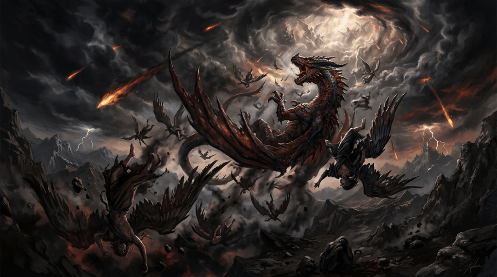 Dragon cast to earth with fallen angels
