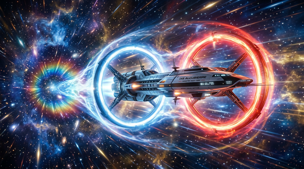Spaceship with blue and red glowing rings traveling through colorful star-filled space