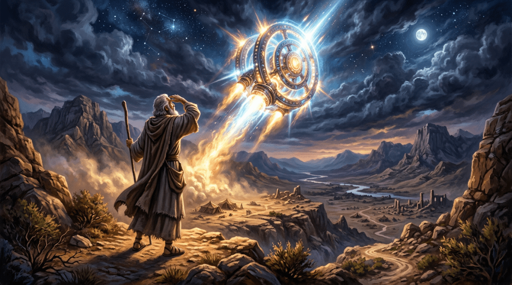Elderly robed figure with staff watching a radiant spacecraft launching in a rocky valley under a starry sky