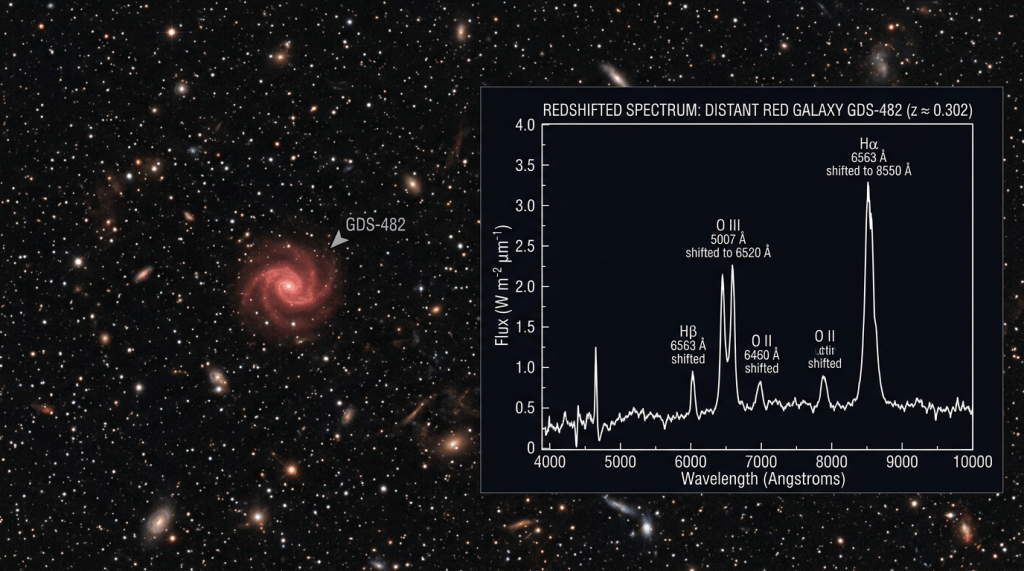 Spiral galaxy GDS-482 and its redshifted spectrum graph showing flux versus wavelength
