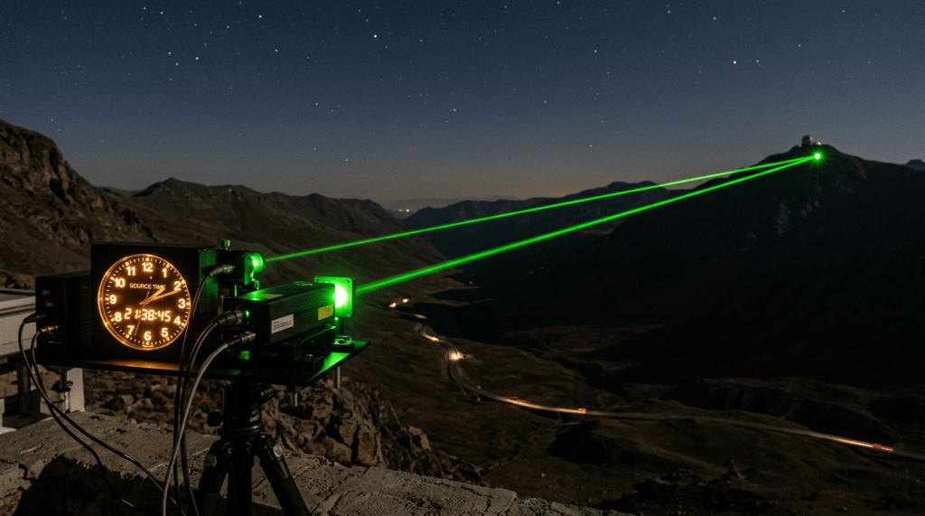 Laser device emitting green beams toward a distant mountain observatory at night