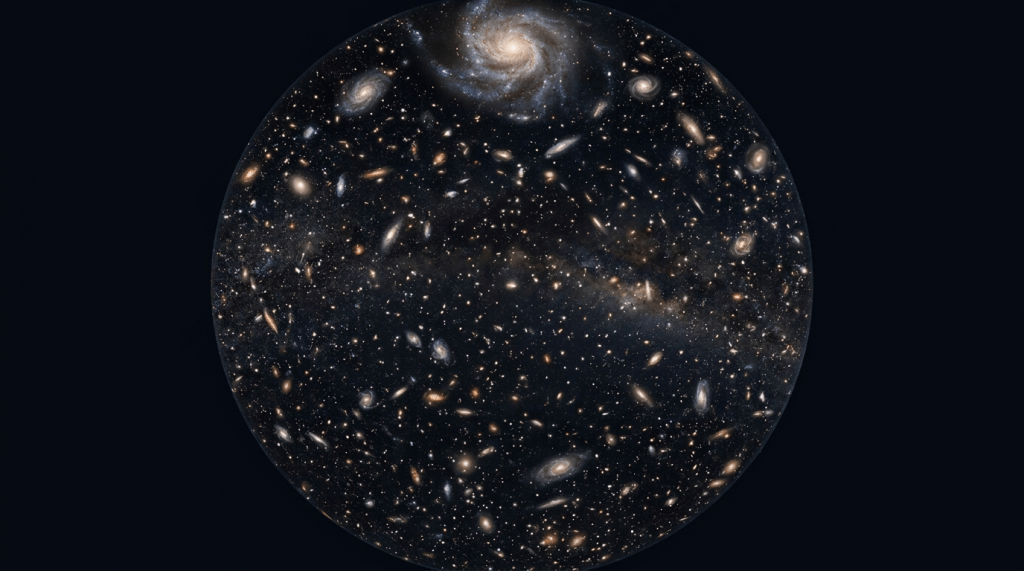 Earth in space with a surrounding view of numerous galaxies in the observable universe