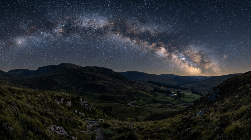Milky Way galaxy arching over a dark, mountainous valley with a crescent moon visible