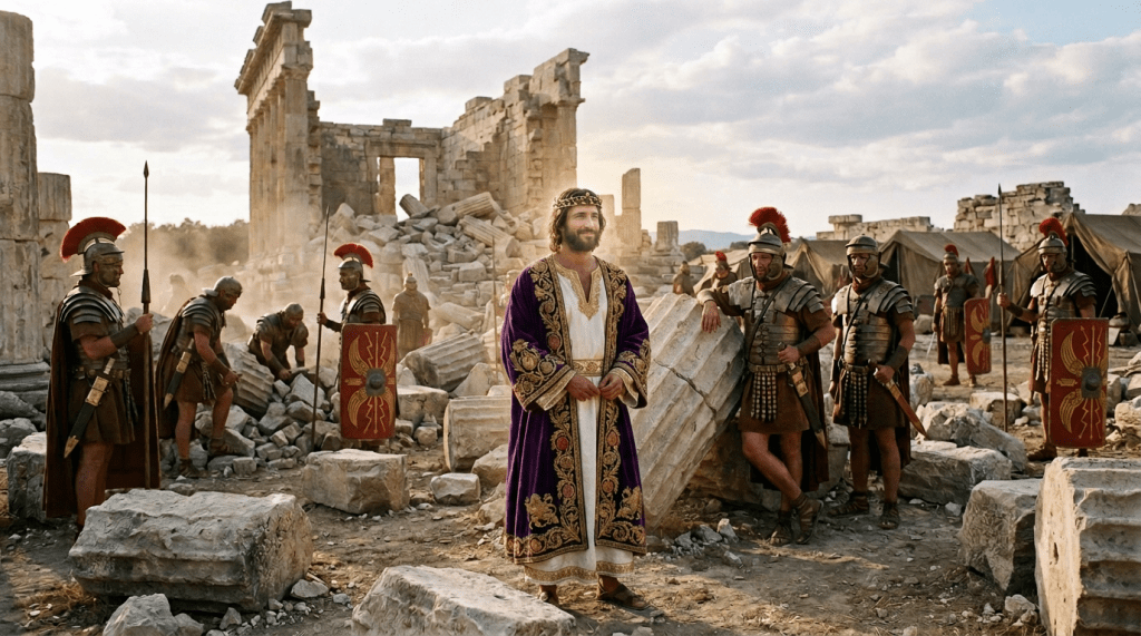 Man in robes standing among Roman soldiers and ancient ruins