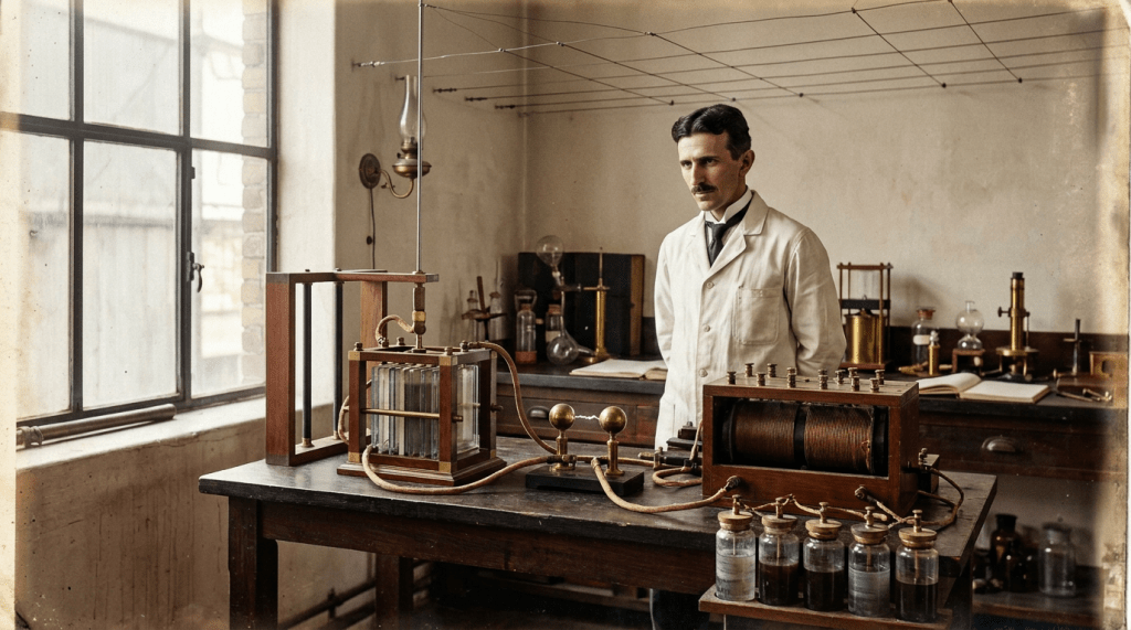 Antique electrical apparatus with wires, glass jars, and coils on a wooden table