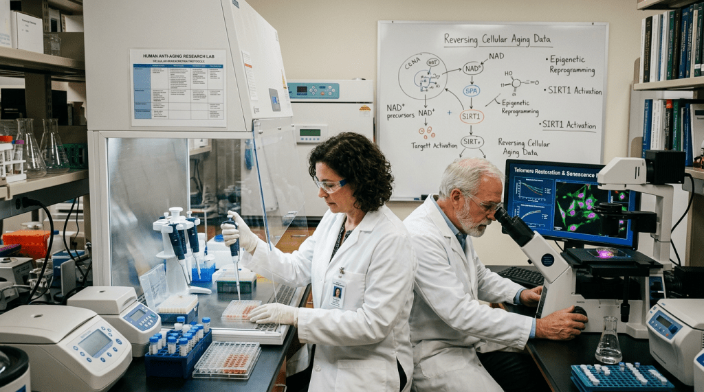 Two scientists working in anti-aging research lab with microscope and pipettes