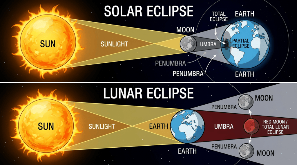 Diagram labeled Solar Eclipse and Lunar Eclipse, showing sunlight, umbra, penumbra, and eclipse positions.