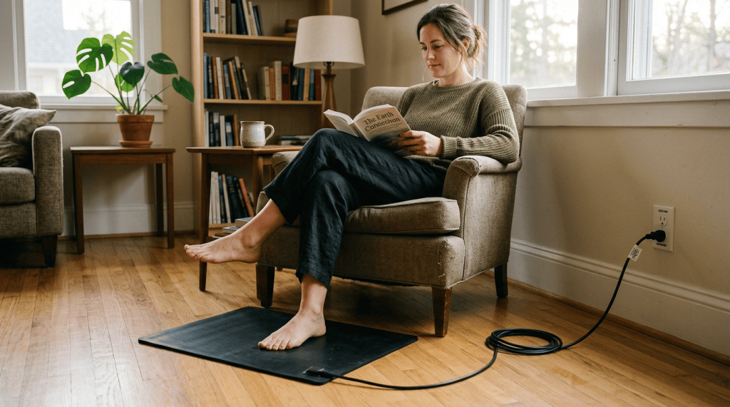 Person using grounding mat connected to outlet