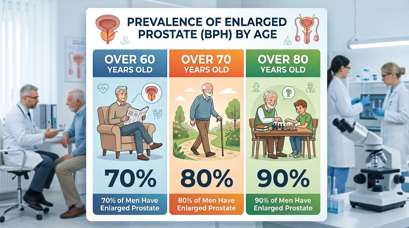 Infographic: prevalence of enlarged prostate rises from 60% over 60 to 85% over 80.