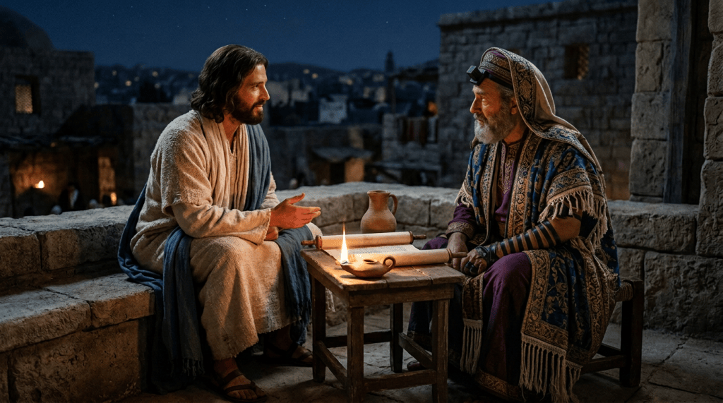 Two robed men converse beside scrolls and an oil lamp
