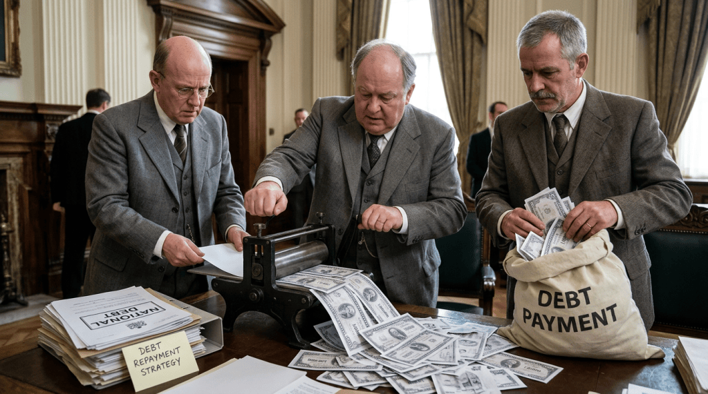 Three officials print money beside documents labeled National Debt, Debt Repayment Strategy, and Debt Payment